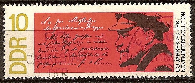 50a. Aniversario de la Revolu. de Noviembre,1918- Lenin y la letra de texto del grupo Espartaco(DDR)