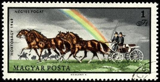 Pradera natural Hortobágy. Carruaje tirado por 4 caballos. 1968.