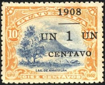 Lago Amatitlán y el volcán Pacaya. UPU 1902 . Sobreimp. 1908