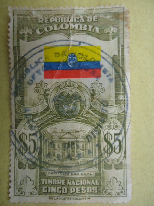 República de Colombia - Capitolio - Bandera-Estampilla de Timbre Nacional