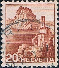 SERIE TURÍSTICA 1948. IGLESIA DE CASTAGNOLA Y LAGO DE LUGANO. Y&T Nº 463