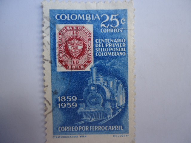 Centenario del primer sello Postal Colombiano.1859-1959-Correo por Ferrocarril.
