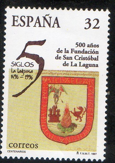 3516- Centenarios. 500 Años de San Cristóbal de La Laguna. Logotipo y escudo de armas.