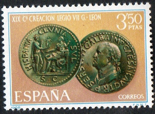 1873- XIX Centenario de la Legio VII Gémina, fundadora de León. Moneda de Galba.