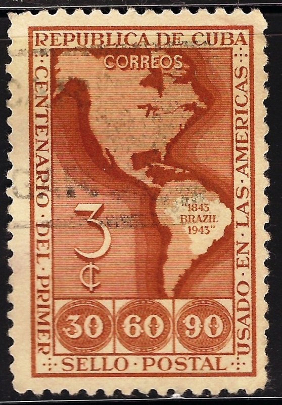 Primer centenario de los sellos de las Américas, emitida por Brasil en 1843.