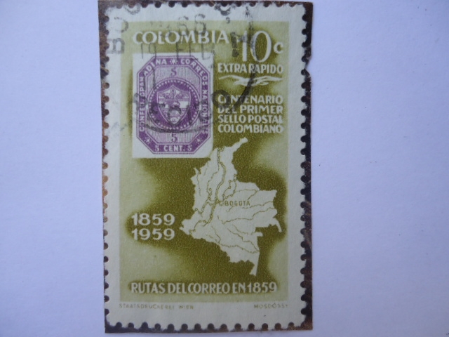 Centenario del Primer Sello Colombiano 1859-1959- Rutas del Correo en 1859