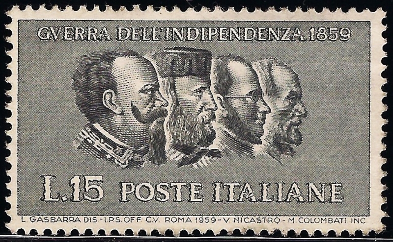 Centenario de la guerra de independencia: Víctor Emanuel II, Garibaldi, Cavour y Mazzini.