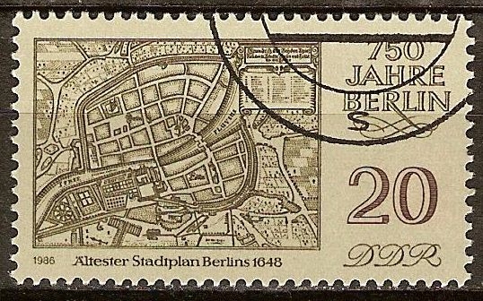 750 años de Berlín,el más antiguo mapa de Berlín 1648 (DDR).