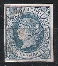 1864 - Edif 63 - 2 cu. azul s. rosa - Isabel II