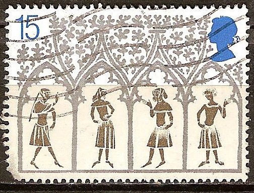 Los campesinos del siglo 14o de vidriera.800 Aniversario de la Catedral de Ely.