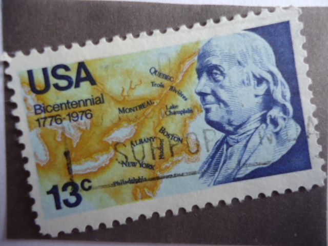 Bicentennial 1776- 1976-Benjamin Franklin and map of North American