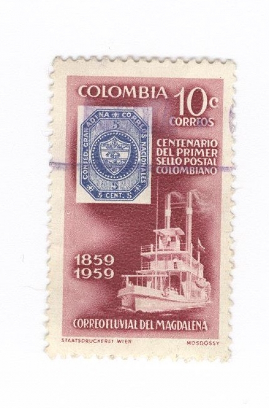 Centenario del primer sello postal colombiano.Correo Fluvial del Magdalena
