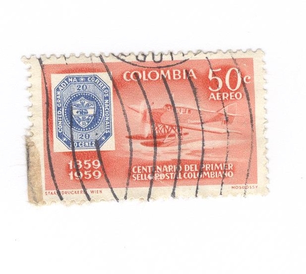 Centenario del primer sello postal colombiano.Correo aereo