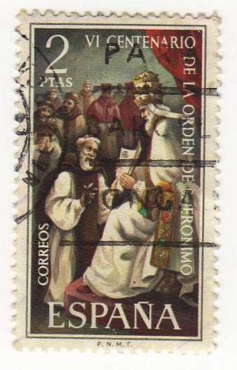 2158.- VI Centenario de la Orden de San Jeronimo. Gregorio XI entregando las reglas de la orden.