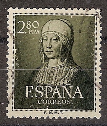 ESPAÑA SEGUNDO CENTENARIO Nº 1096 (0) 2,8P VERDE BRONCE ISABEL LA CATOLICA