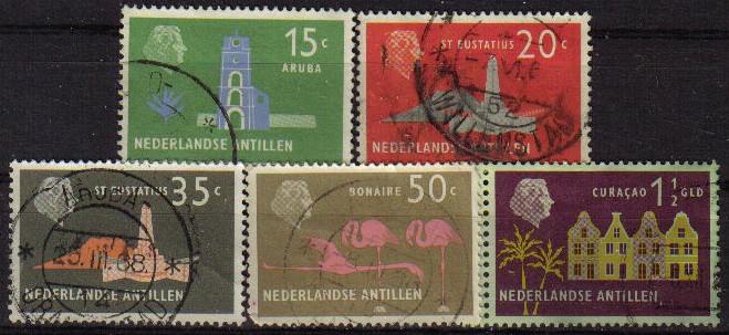 ANTILLAS HOLANDESAS 1958 MICHEL75-6-9-81-3 SELLOS CIUDADES, ARUBA. ST USTATIUS, BOANIRE Y CURAÇAO US