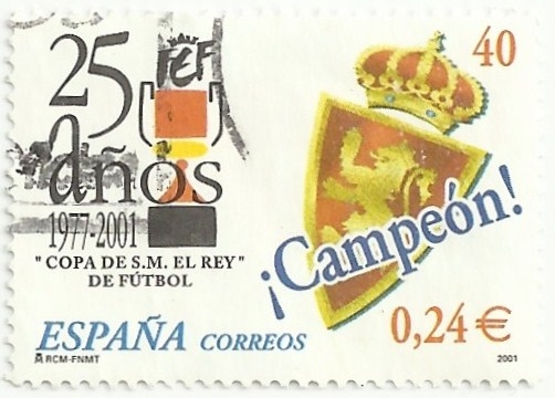 25 ANIVERSARIO COPA REY FUTBOL. ESCUDO DEL REAL ZARAGOZA, CAMPEÓN DE COPA 2000-2001. EDIFIL 3805