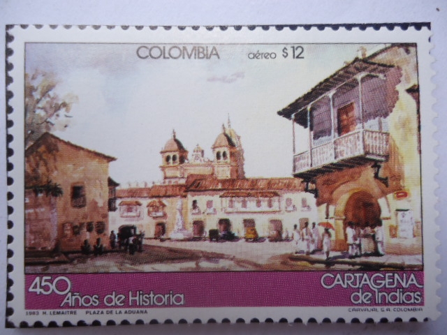 Fundación de Cartagena -450 Años de Historia - Cartagena de Indias-Plaza de la Aduana (Acuarela de H