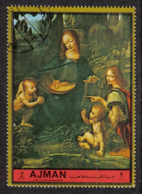 Ajman, Navidad de 1972 - Pinturas (III). Virgen de las Rocas; por Leonardo da Vinci