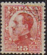 ESPAÑA 1930 495 Sello Alfonso XIII 25c. Tipo vaquer de perfil Usado con nº control al dorso