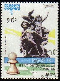 CAMBOYA 1990 Michel 1173 Sello Ajedrez Peón y Estatua Opera La Danza Paris 90 usado