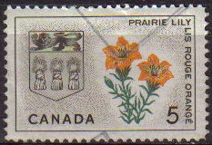 CANADA 1966 Scott 425 Sello Flores y Escudo Armas Prairie lily y escudo de Saskatchewan usado