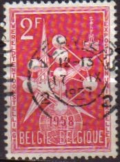 BELGICA 1958 Scott 500 Sello El Atomo y Emblema Exposición Mundial de Bruselas 2fr Usado Michel 1054