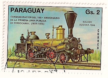 150 Aniv. de la 1ª linea publica de ferrocarril. 1825-1975. Locomotora Coloso. Austria.