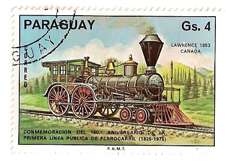 150 Aniv. de la 1ª linea publica de ferrocarril. 1825-1975. Locomotora Lawrence 1853 Canada.
