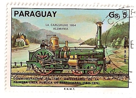 150 Aniv. de la 1ª linea publica de ferrocarril. 1825-1975. Locomotora Carlsruhe  1854 Alemania.