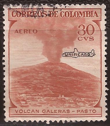 Volcán Galeras-Pasto 1959 aéreo 30 centavos con sobreimpresión de Unificado