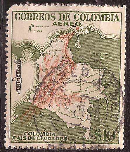 Mapa de Colombia Pais de Ciudades 1959 aéreo 10 pesos