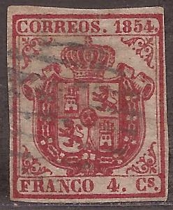 Escudo de España 1854  4 cuartos papel delgado
