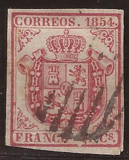 Escudo de España 1854  4 cuartos papel grueso azulado