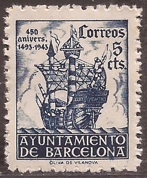 450 Aniversario llegada Colón a Barcelona  1943  5 cents azul