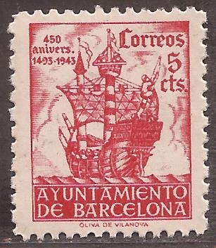 450 Aniversario llegada Colón a Barcelona  1943  5 cents rojo