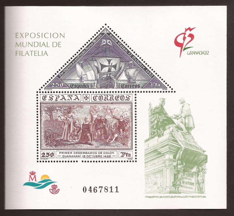 Exposición Mundial de Filatelia Granada 1992 2 sellos 250+250 ptas