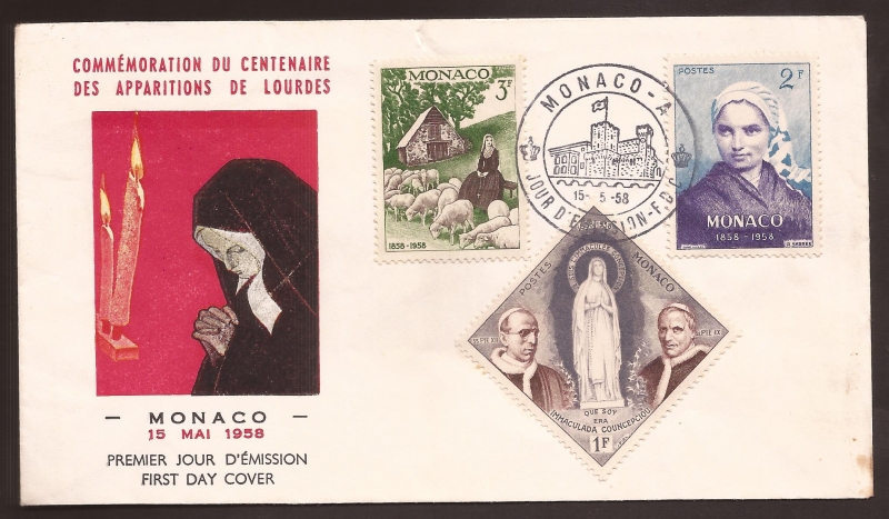 Centenario Apariciones de Lourdes. Sobre primer día 15 mayo 1958   6 francos 3 valores