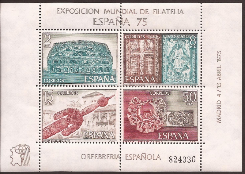 Expo Mundial Filatelia España'75. Orfebrería española Hoja I  1975 2,8,15 y 50 ptas