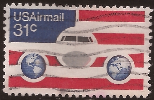 Avión bandera y globos terraqueos  1976  31 centavos