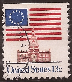 Bandera de las 13 estrellas sobre el Independence Hall  1975 13 centavos