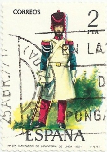 UNIFORMES MILITARES, VI GRUPO. Nº 27. GASTADOR DE INFANTERIA DE LINEA 1821. EDIFIL 2351