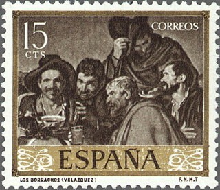 ESPAÑA 1959 1238 Sello Nuevo Pintor Diego Velázquez Los Borrachos 15cts c/señal fijasello