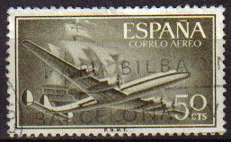 ESPAÑA 1955 1171 Sello Super Constellation y Nao Santa Maria Usado