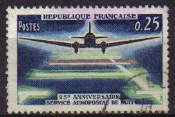 FRANCIA 1964 Michel 1471 Sello 25 Aniversario Servicio Aeropostal de Noche Usado Aviones