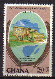 GHANA 1989 Michel 1222 Sello 25 Aniversario UNION AFRICANA Edificio OAU ADDIS ABABA