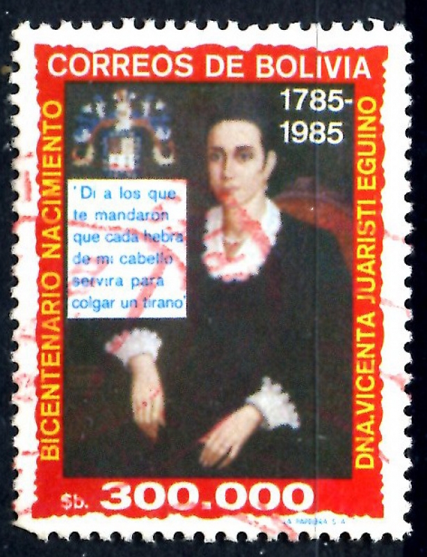 BOLIVIA_SCOTT 718.01 BICENT. Dª VICENTA JUARISTI, HEROINA INDEPENDENCIA. $0.50