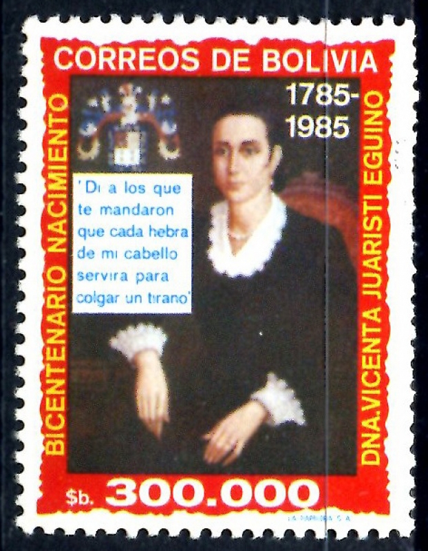 BOLIVIA_SCOTT 718.03 BICENT. Dª VICENTA JUARISTI, HEROINA INDEPENDENCIA. $0.50