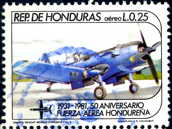 HONDURAS_SCOTT C710.01 50º ANIV FUERZAS AEREAS, CHANCE VOUGHT F4U-5. $0,20