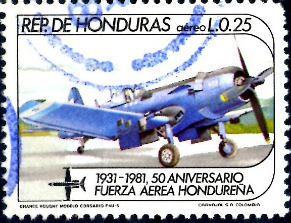 HONDURAS_SCOTT C710.02 50º ANIV FUERZAS AEREAS, CHANCE VOUGHT F4U-5. $0,20